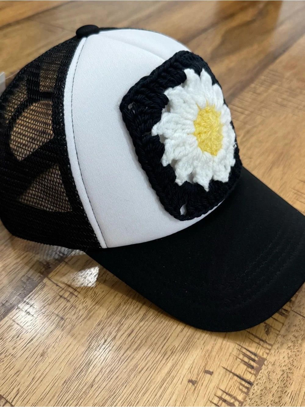 Black and White Trucker Hat with Crocheted Daisy Patch New